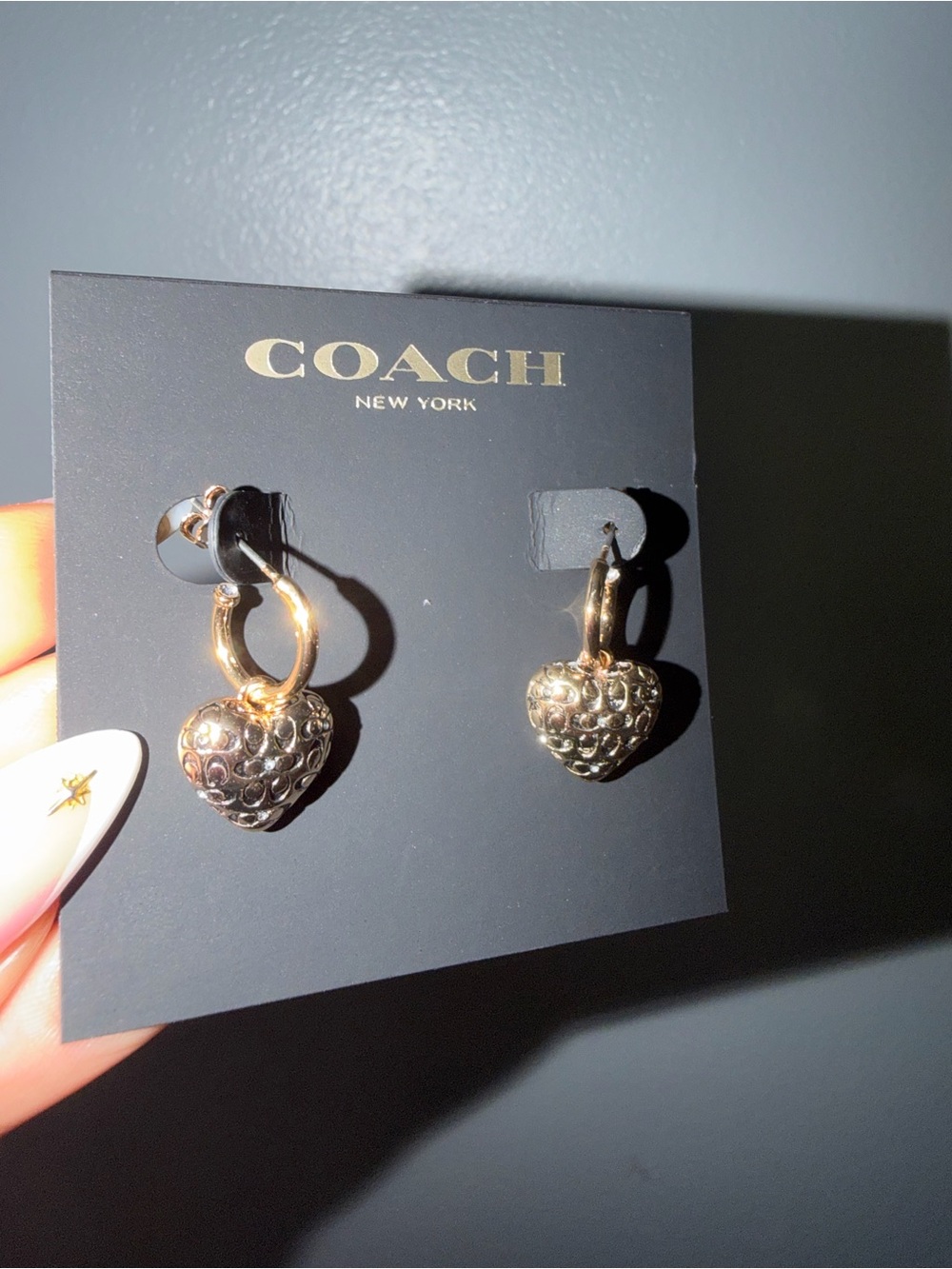 COACH Gold Heart Charm Hoop Earrings